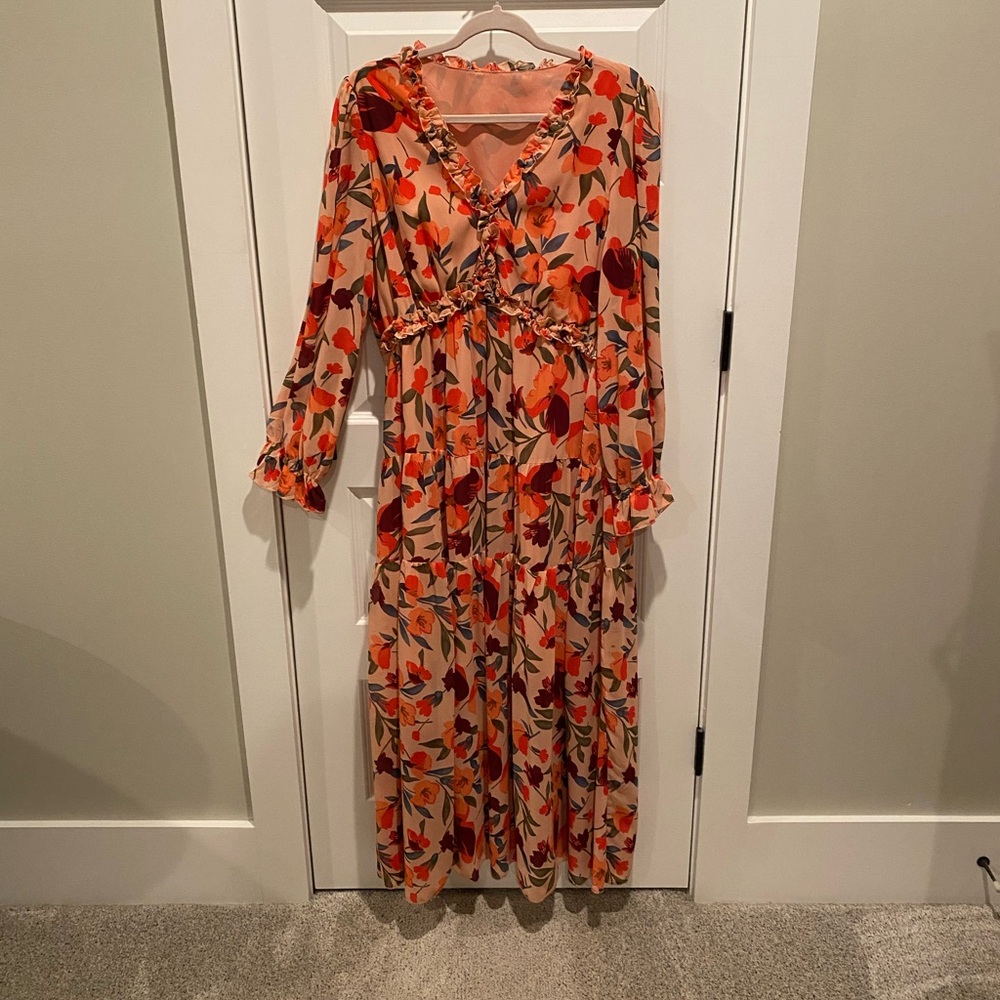 Amazon Floral Long Sleeve Maxi Dress - Orange and Red